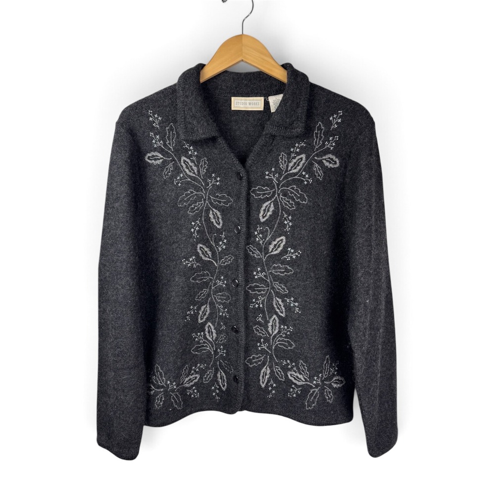 Vintage Studio Works Wool Collared Embroidered Cardigan L Gray Made in Australia